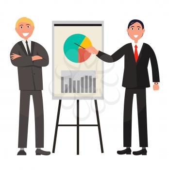 Businessmen in office suits with ties make statistics presentation and explain diagram isolated vector illustration on white background.