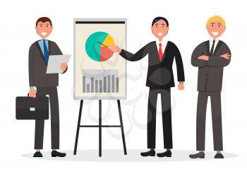 Team of entrepreneurs in formal clothing make statistics presentation with board and diagram isolated vector illustration on white background.