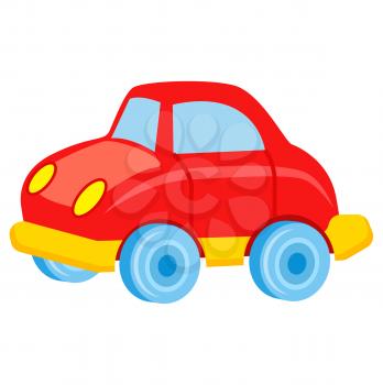 Red toy car with blue wheels and windows and yellow bottom isolated vector illustration. Boyish toy for entertainment in flat style
