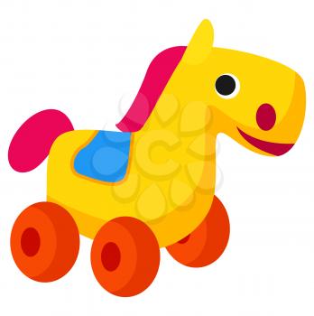 Plastic colorful horse toy on red wheels isolated on white. Close up vector illustration of cute plaything animal for children
