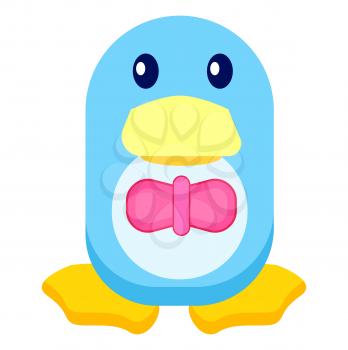 Adorable blue toy penguin in pink bowtie with big yellow beak and legs isolated vector illustration on white background.