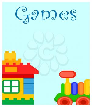 Games for children poster with colorful house constructor and train wagon isolated vector illustrations on blue background.