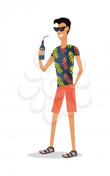 Summer vacation pleasure. Young smiling man in beach clothes and sunglasses standing with bottle of beverage in hand flat vector isolated on white background. For tourist concepts, travel company ad