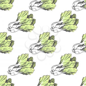 Green lettuce on white endless texture graphic vector illustration. Seamless pattern of healthy seasonal product for salads and sandwiches