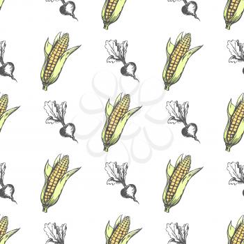 Corn cob and monochrome sweet beet isolated vector illustration formed in endless texture. Delicious and healthy vegetables seamless pattern.