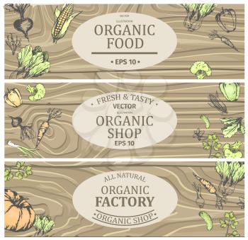 Organic factory shop with fresh tasty natural food promotional posters set. Ripe vegetables and greens on wooden background vector illustration.