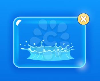 Blue Geyser flow of water from under earth hand drawing on navy background. Aqueous stream with splashes on glass screen with closing cross button. Vector illustration of hot spring flat design