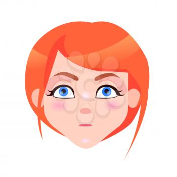 Woman serious face with pink cheeks and ideal eyebrows isolated on white background. Redhead girl avatar userpic in flat style design. Vector illustration of strong human emotion close up portrait