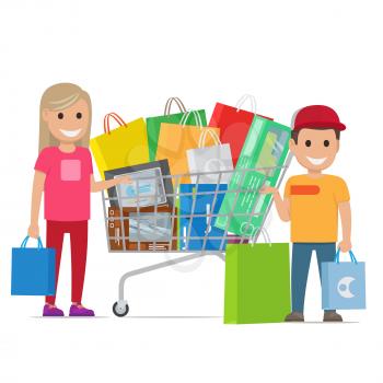 Big shopping day of happy couple. Boy in cap and blond girl stand near shopping trolley full of purchases on the white background. Couple has good time during shopping. Vector illustration of shopping.
