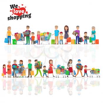 We love shopping concept with two horizontal reflecting lines of hilarious people holding goods. Vector illustration of kids with parents and elderly people that hold household appliances etc.