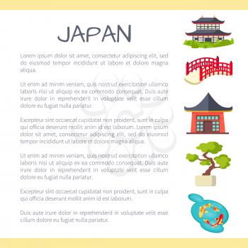 Japan touristic banner with national symbols and sample text. Japanese cultural, architectural and nature attractions flat vector illustration. Vacation in exotic country concept for travel company ad