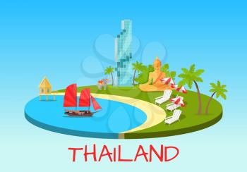 Thailand touristic banner with national symbols. Junk ship sailing near tropical beach with deck chair, buddha monument and skyscraper flat vector illustration. Vacation in asia exotic country concept