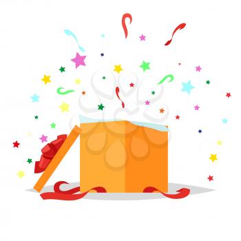 Open square gift box with bow and stars that pop-up out of it on white background. Present package with bursting elements, surprise inside. Celebrate holidays and exchange gifts isolated vector