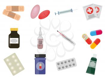 First aid colourful useful elements collection on white. Adhesive plasters, casual thermometer, dark and blue bottles, white syringe, green cream tube signs isolated vector set in flat style.