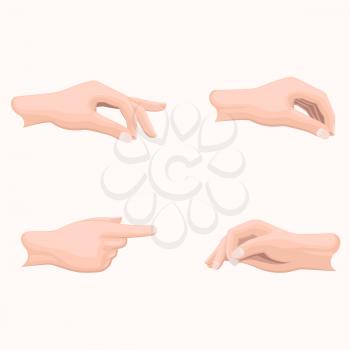 Human palms holding gestures set. Man hand in various positions with gathered together fingers and put forward in pointing gesture forefinger flat vectors set isolated on white for business concepts  