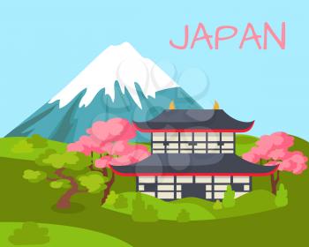 Japan view on traditional asian white building with dark lines and two roofs in front of high mountain with white top. Vector illustration of japanese house located on grass near flowering sakura trees
