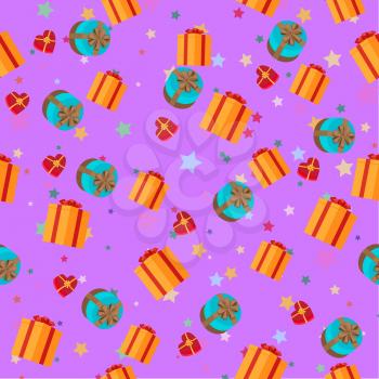 Present boxes of different shape on purple background with stars seamless cartoon holiday pattern. Wallpaper design, wrapping paper for celebrating holidays isolated vector illustration.