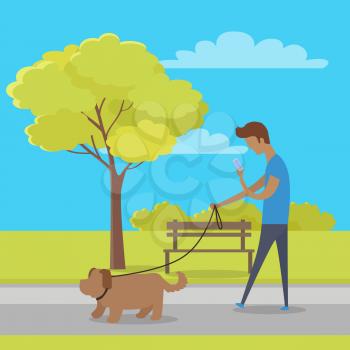 Leisure in city park vector. Man character watching in phone and walk his dog in public square flat vector. Walking pets in public places illustration for urban infrastructure concepts