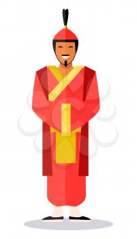 Ancient chinese soldier in reddish clothes on white. Full length portrait of smiling male person in traditional oriental helmet, long clothes and black shoes. Vector illustration of chinese warrior