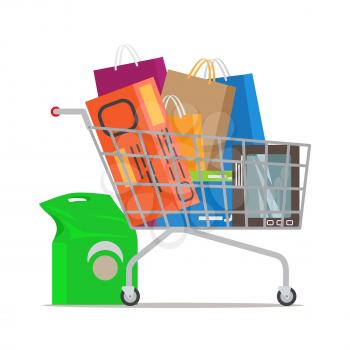 Shopping trolley full of bags and boxes and with pack near on white background. Shopping-themed isolated vector illustration of cart with stuff. Biggest dream of shopaholic. Purchases in cart