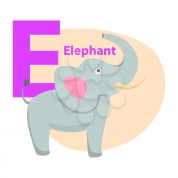 Children alphabet icon cartoon elephant letter E isolated on white. Large land mammal with long proboscis and sharp tusks. Vector illustration of funny ABC for kids with natural beast web banner.