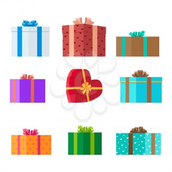 Gift boxes of different shapes and colors on white background . Decorate gifts and choose boxes design for different occasions. Celebrate holidays and exchange presents isolated vector illustration.