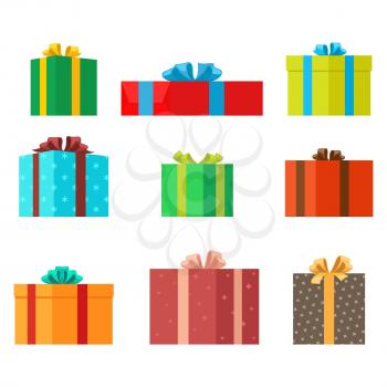 Gift boxes of different shapes and colors on white background . Decorate gifts and choose boxes design for different occasions. Celebrate holidays and exchange presents isolated vector illustration.