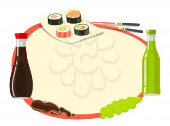 Japanese Cuisine soy sauce, sushi and wasabi in circle on white background. Two bottles with soy sauce and wasabi. Four types of sushi with chopsticks. Traditional Japanese food vector illustration.