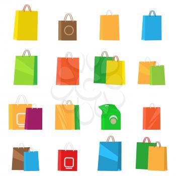 Colorful empty shopping bags isolated vector set. Shopping bags, fashion design, store merchandise, handle package. Colorful paper gift handle package shop, market shopping bags vector illustration.