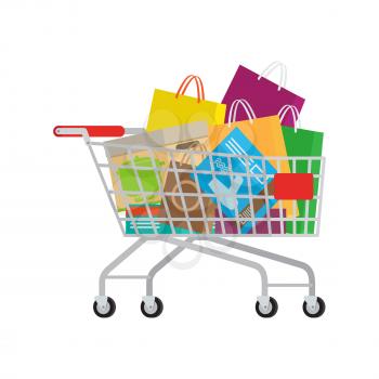 Self-service supermarket, full shopping trolley, cart with products. Vector illustration of cart full of purchases, boxes and bags on white background. Big shopping day. Buy various stuff for home.