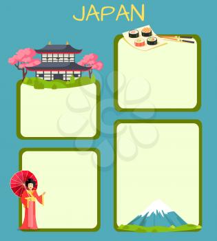 Japan touristic banner with national symbols and copyspace. Japanese cultural, architectural and nature attractions flat vector illustration. Vacation in exotic country concept for travel company ad