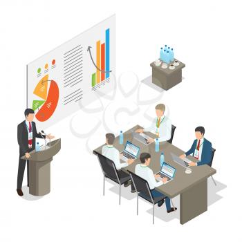 Business meeting top managers in office. For managers sitting at desk with laptops and leading specialist speaking at podium. Table with cups of tea and bottles of water in room vector illustration