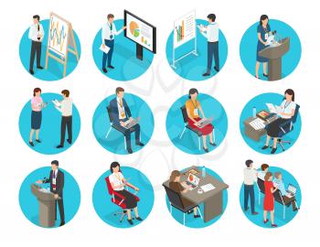 Business icons with office workers set. Businessmen and businesswomen show presentation, typing on laptop and speaks from podium flat vectors isolated on white. Business people at work illustrations