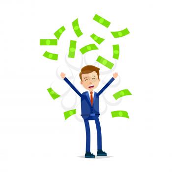 Manager throwing money above head and screaming of delight isolated on white. Man in blue suit with red tie makes rain from green dollar banknotes vector illustration in cartoon style flat design