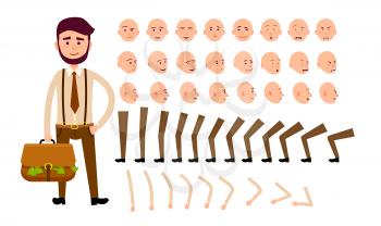 Cartoon man constructor includes legs, hands, original bold head and smiling face with different expressions. Vector illustration of businessman with bag full of money in brown tie and parts of body