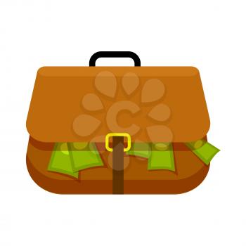 Brown briefcase full of green money flat theme on white background. Replete bag with black handle and yellow buckle. Vector illustration in cartoon style for infographics, web sites, mobile app.