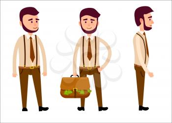 Businessman with beard in trousers with suspenders and with briefcase full of money isolated on white background. Man Model from different foreshortening. Vector illustration of male character.