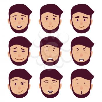 Male cartoon character faces with emotions of happiness, anger and astonishment isolated on white background. Young man facial expressions set. Human feelings manifestation vector illustration.