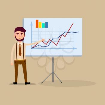 Manager standing near placard with charts flat design. Male making report or presentation showing on board. Dressed in white shirt, black shoes, brown trousers, suspenders and tie vector illustration