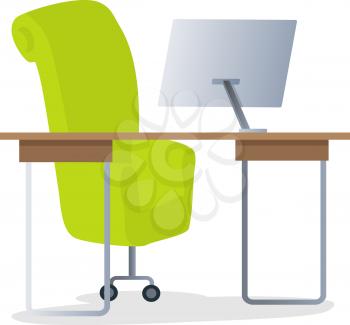 Workplace with modern office furniture in minimalistic design vector. Comfortable armchair on wheels at the table with monitor or desktop computer flat illustration isolated on white background. 
