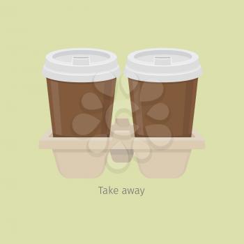 Two take away paper coffee cups in carton holder on light olive background. Vector illustration of brown cups with white covers in special double holder. Take away hot beverage in flat style