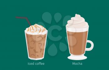 Mocha and Iced coffee with foam and tubule in glass cups on emerald background with text under each. Kinds of Irish and American coffee. Minimalist vector illustration for shops and cafes.