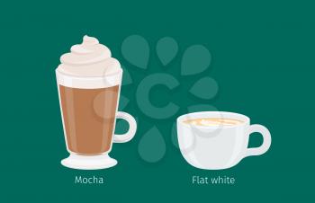 Mocha and Flat White coffee with foam in cups on emerald background with name text under each. Kinds of American and Australian coffee. Minimalist vector illustration for coffee shops and cafes.