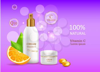 Natural cream enriched vitamins in glossy tube near sliced oranges, leaves and gold pebble vector banner. Cosmetic skincare product illustration on gradient background with sparkles and bokeh lights
