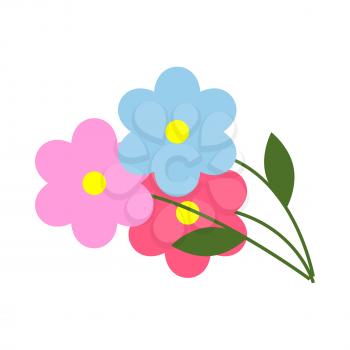 Three flowers with green leaves in flat style on white background. Garden colorful plants with yellow center. Vector illustration for infographic, website or app. Spring bouquet in cartoon style