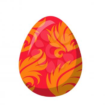 Easter egg isolated on white background. Holiday mascot oval shape, red egg decorated with orange leaves or fire flames. Vector illustration of chocolate sweet candy present in cartoon style