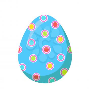 Easter egg isolated on white background. Holiday mascot oval shape, blue egg with colorful dots and round yellow and purple circles. Vector illustration of chocolate sweet candy in cartoon style