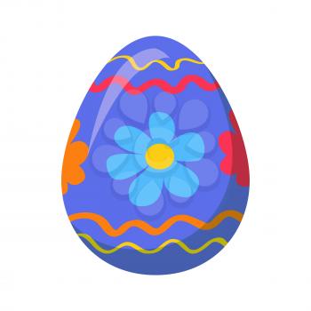 Easter egg isolated on white background. Holiday mascot oval shape, blue egg with ornamental lines and hand drawn colorful flowers. Vector illustration of chocolate sweet candy gift in cartoon style