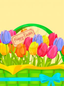Happy easter festive concept. Different colors tulips in green wicker basket bonded blue ribbon flat vector. Scented spring flowers illustration for holiday invitations and greeting cards design