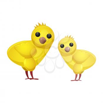 Cute fluffy spring chickens isolated on white background. Animalistic symbols of Easter celebration vector illustration. Friendly feast animal to make religious holiday attractive to children.